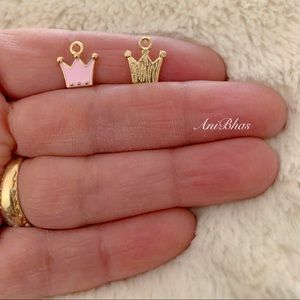 2 Pink / Gold Tone Princess Crown Enamel Charms